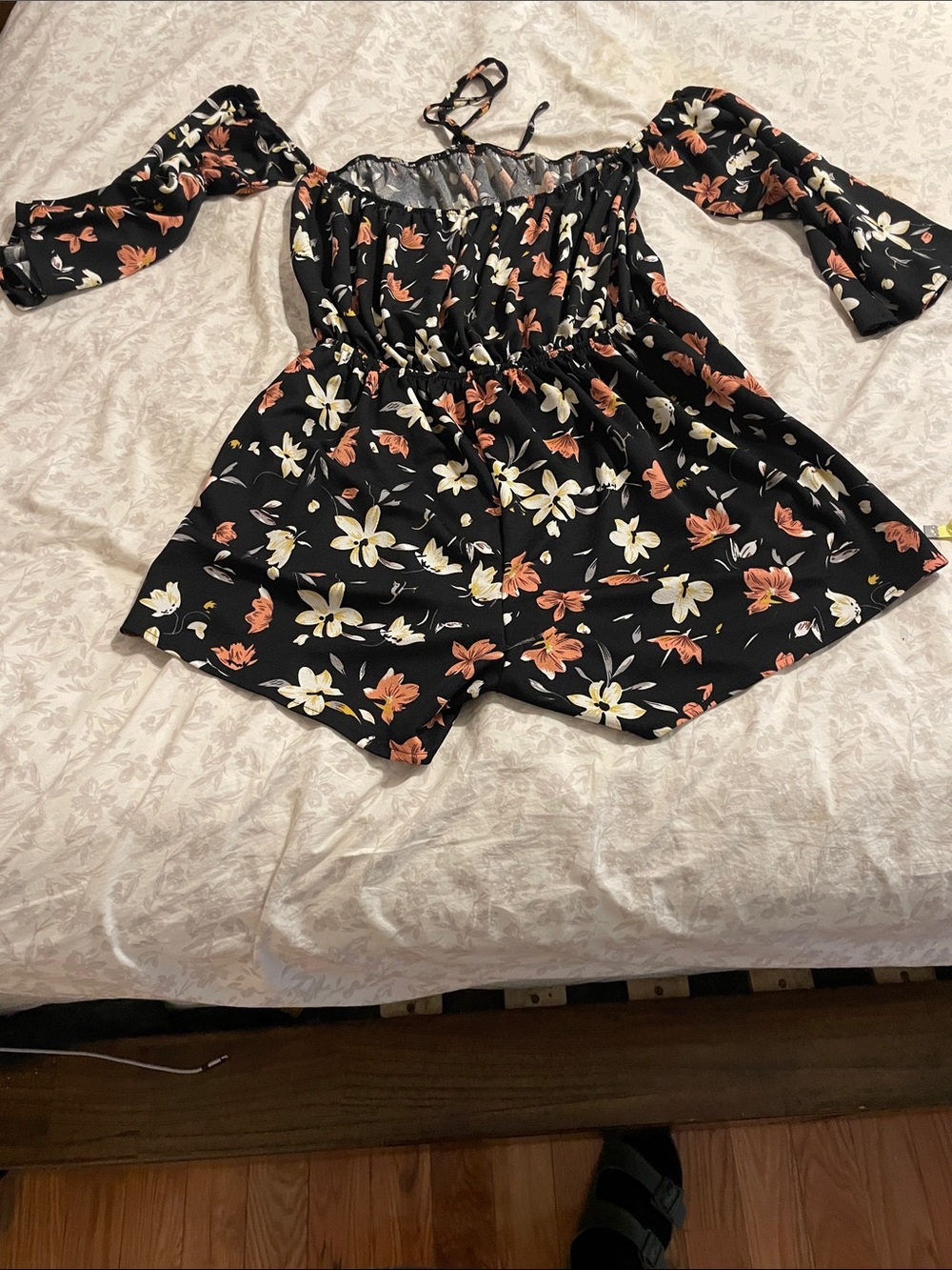 Black Floral Off-Shoulder Jumpsuit romper with Cream & Coral Flowers